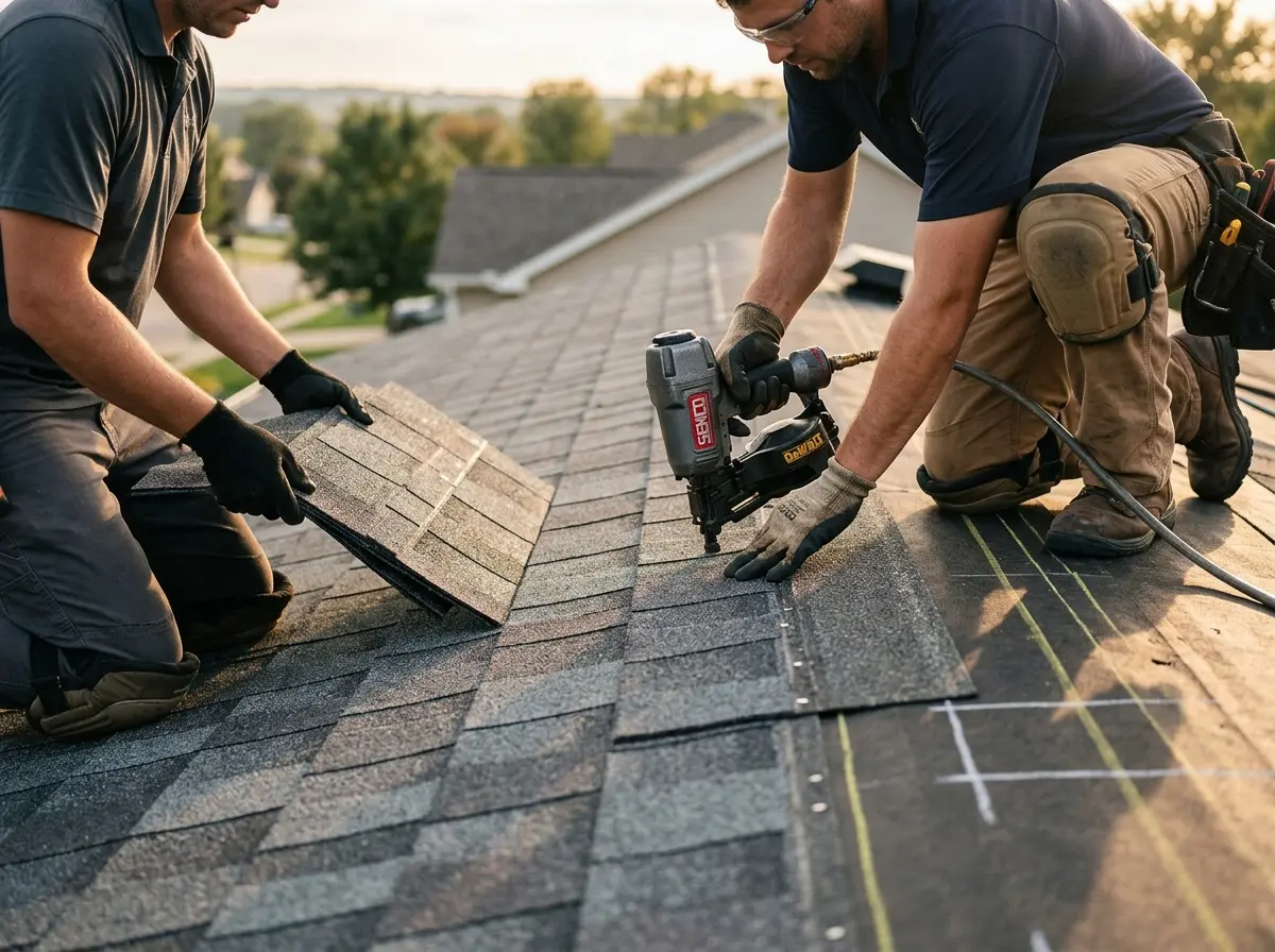 Professional roofer working on a residential roof in Senatobia
